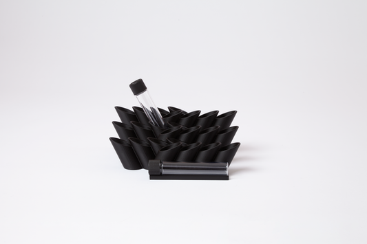 Exploded view of black bouquet-style cannabis display showing angled tube layout