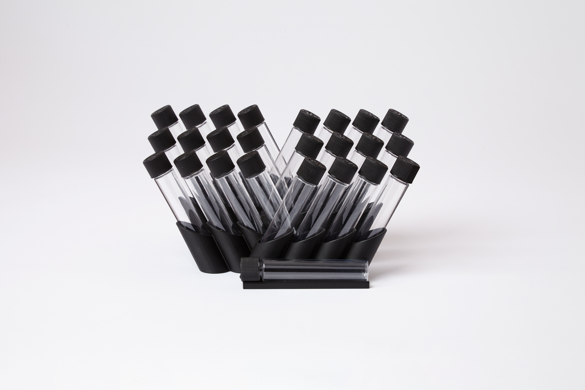 Black bouquet cannabis display holding 25 pre-roll tubes in staggered rows