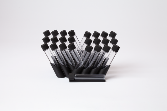 Black bouquet cannabis display holding 25 pre-roll tubes in staggered rows