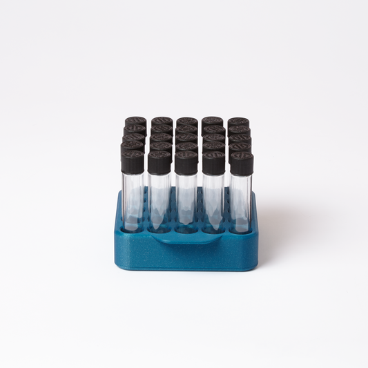 Blue grid pre-roll display holding 25 tubes in a compact 5x5 format