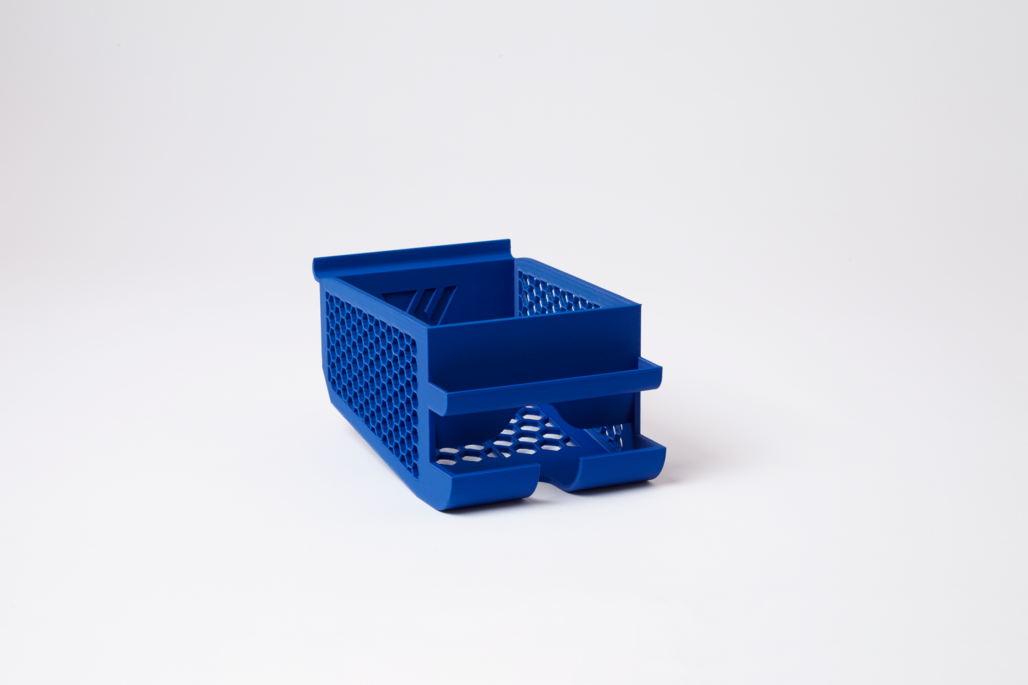 Slatwall-compatible pre-roll bin in royal blue, angled side view