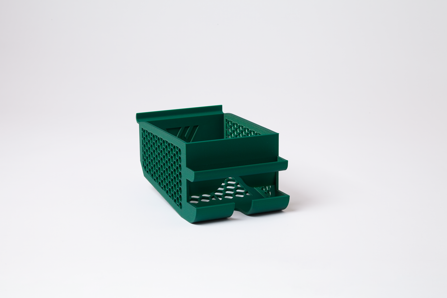 Slatwall-compatible pre-roll bin in shamrock shimmer green, angled side view